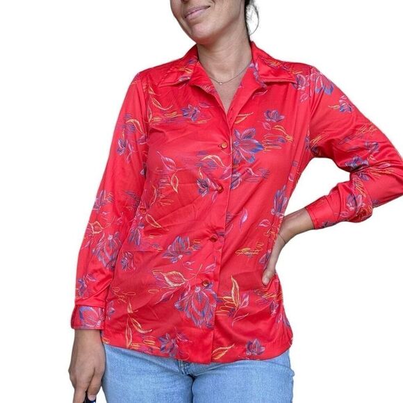 Vintage 80s Union Made Red Floral Blouse Single Stitch Size Medium Hippie Boho - Picture 1 of 9